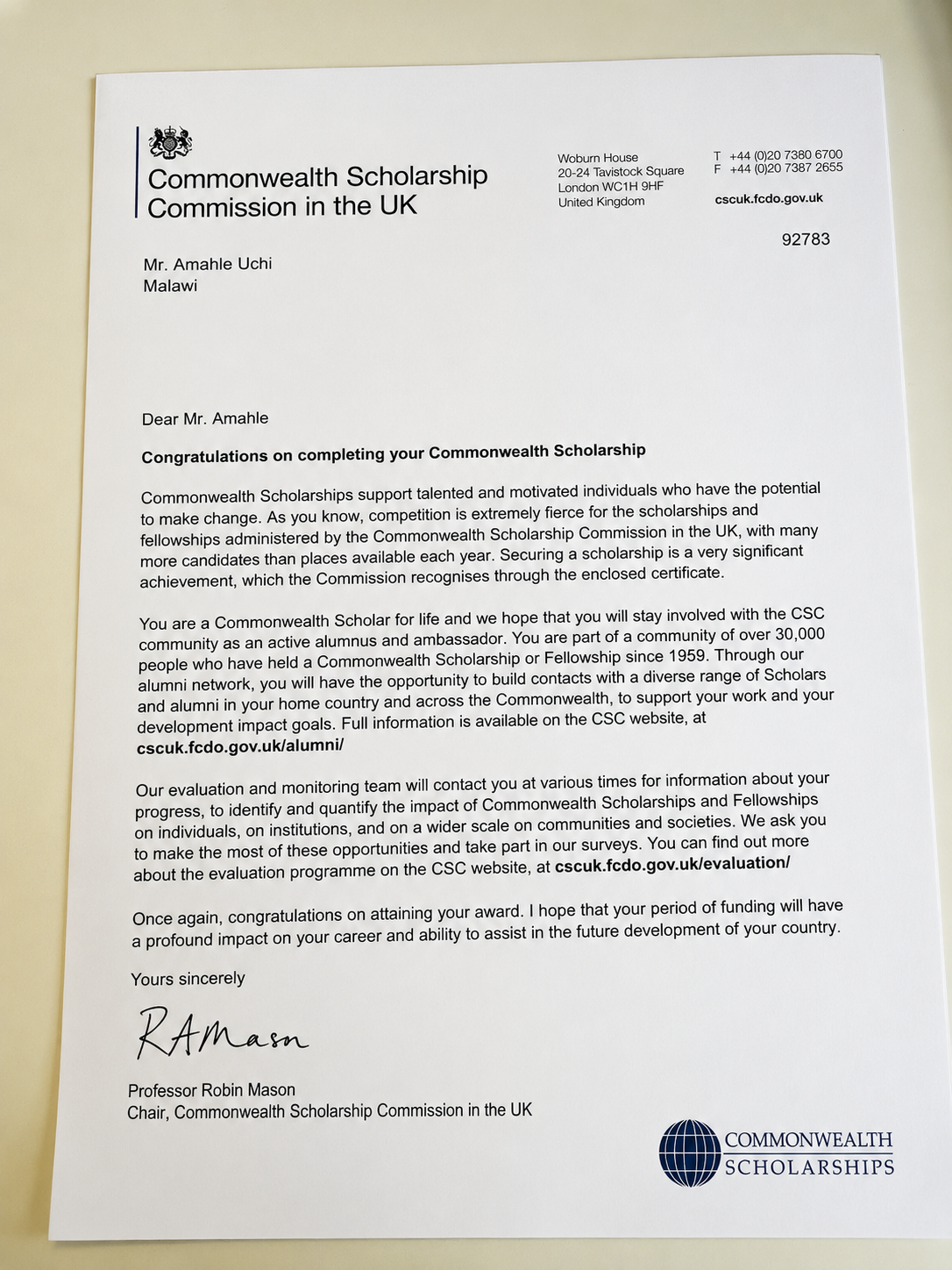 Commonwealth Scholarship Commission in the UK award letter