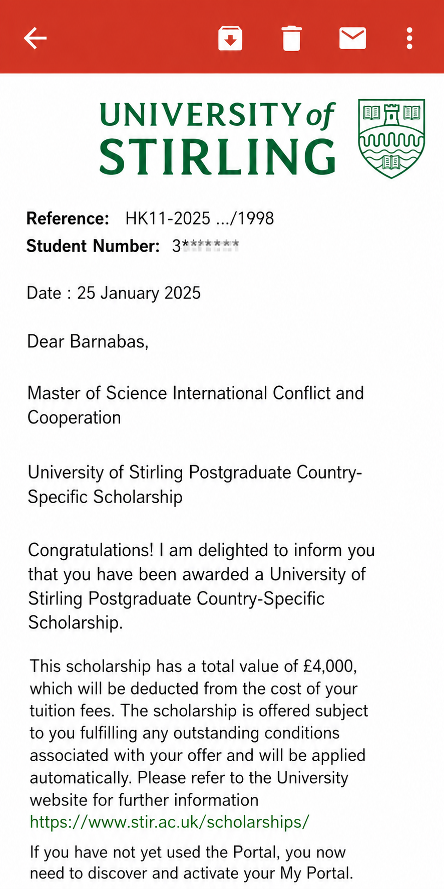 University of Stirling scholarship award email