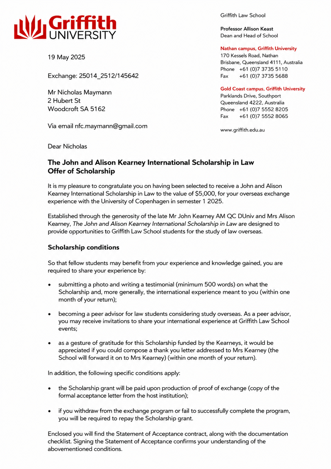 Griffith University international scholarship offer letter