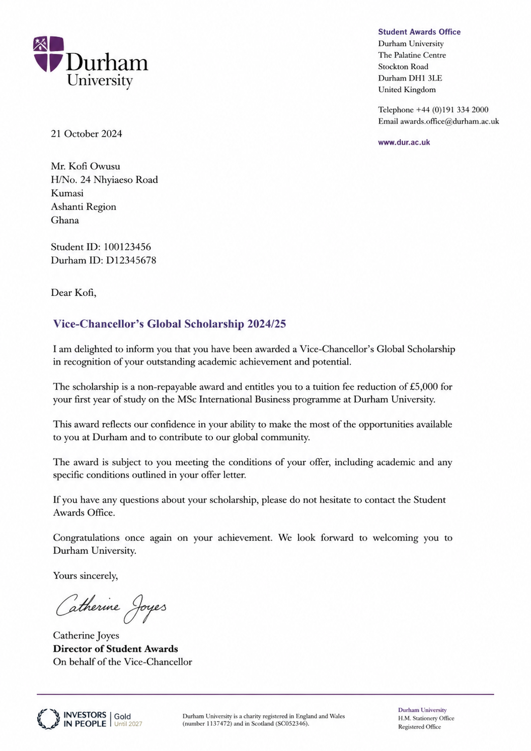 University of Stirling scholarship award email