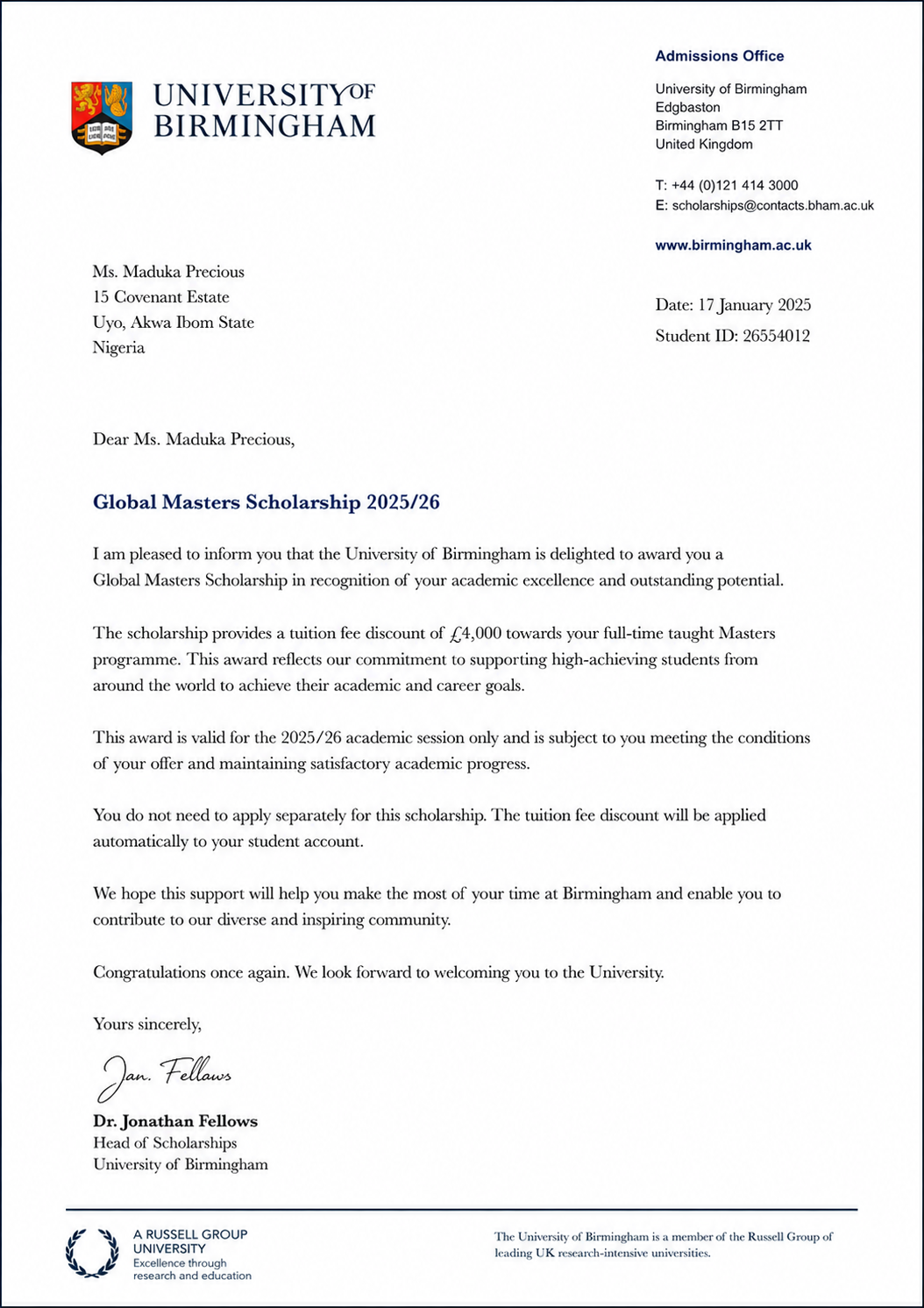University of Birmingham Global Masters Scholarship letter