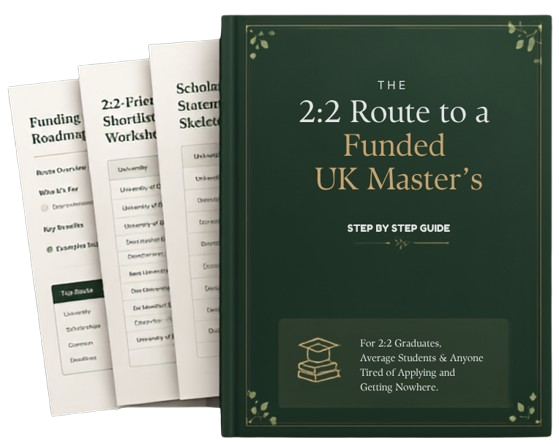 The 2:2 Route to a Funded UK Master's — step-by-step playbook, workbooks and trackers